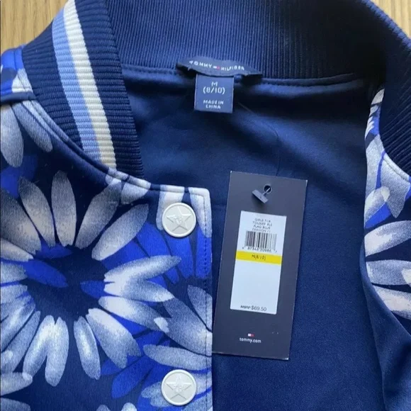 New Tommy Hilfiger Girl Blue Floral PrintBaseball Jacket Bomber Size M 8-10